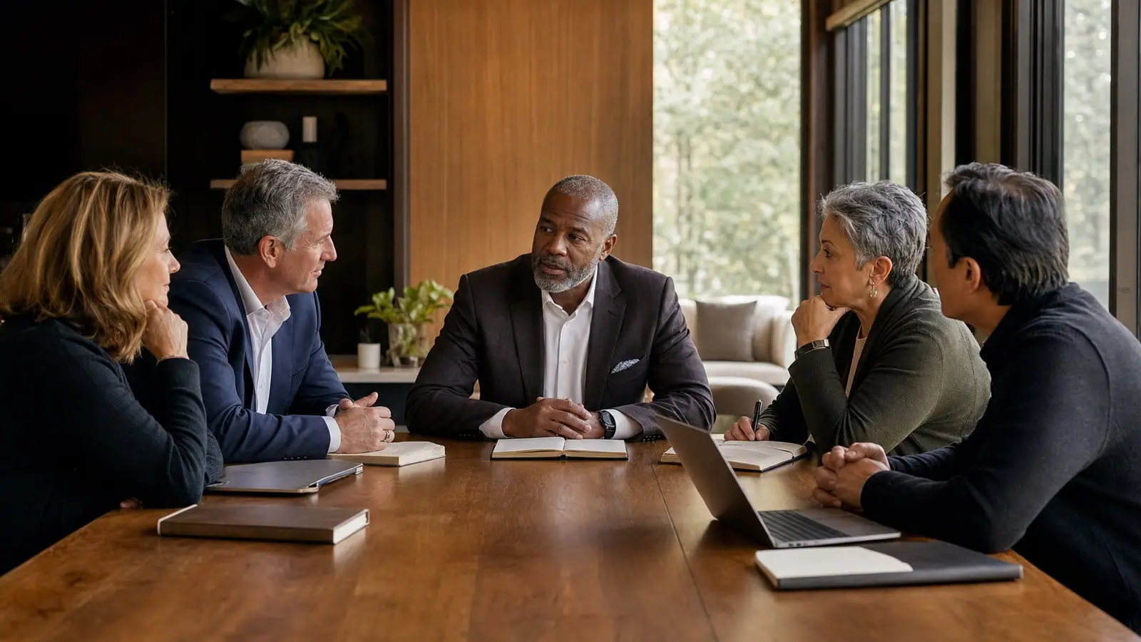 Five experienced business leaders in conversation around a wooden boardroom table