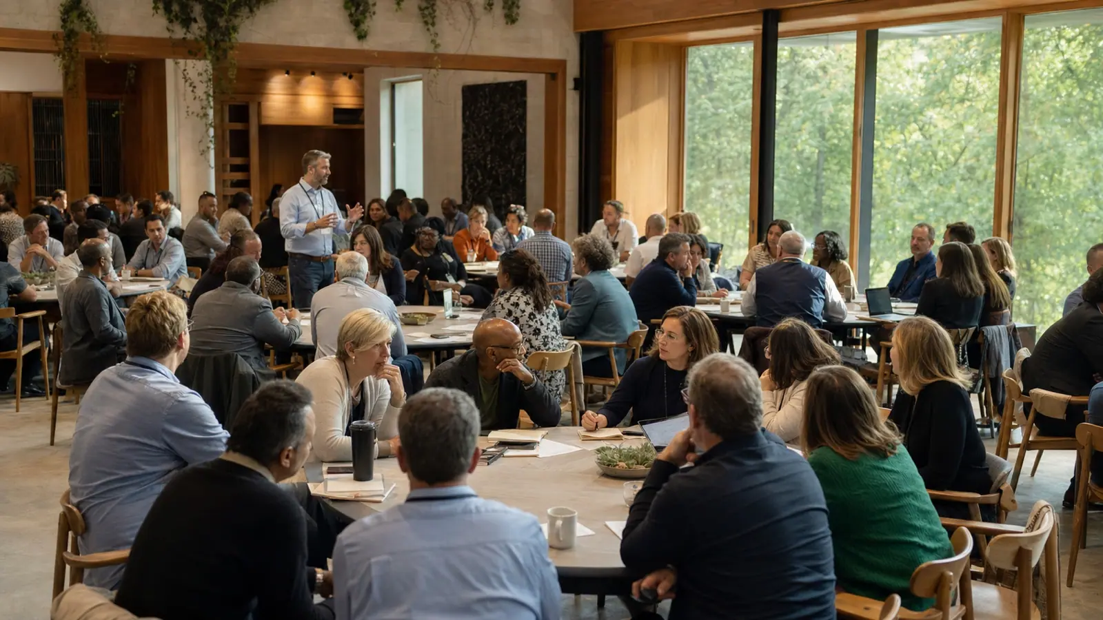 A room of professionals seated at round tables during a city chapter meeting