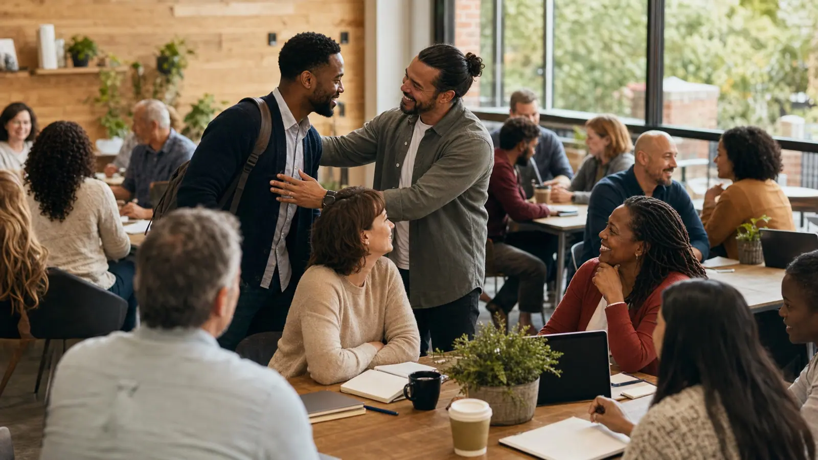 Business leaders greeting one another around tables at an Ignite community gathering