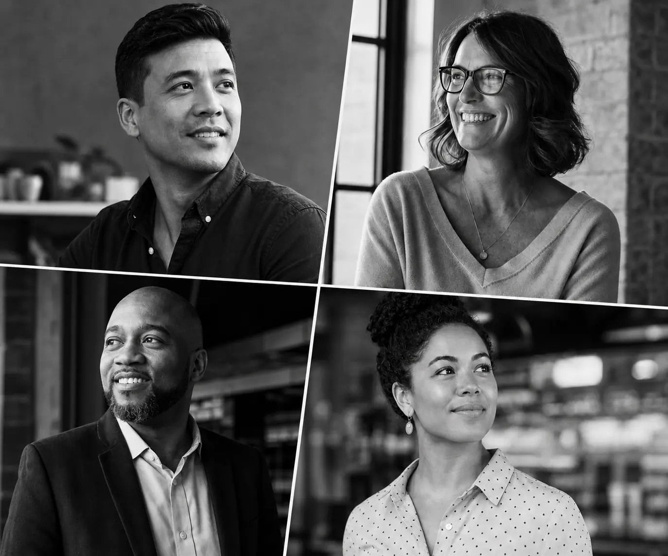 Four business leaders — photographed in black and white — looking ahead in their own workplaces