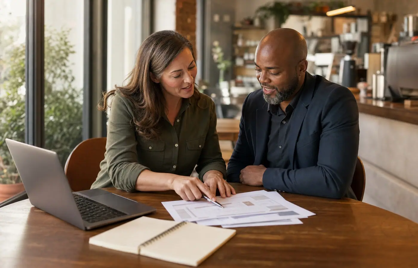 Two business owners reviewing printed plans together at a café table