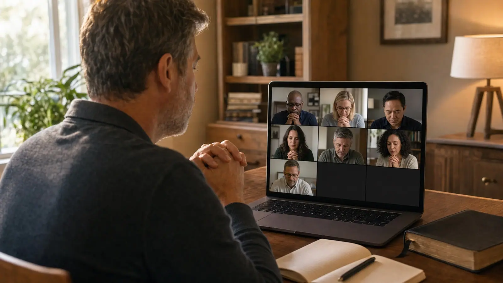 A man at his desk praying with seven others on a video call